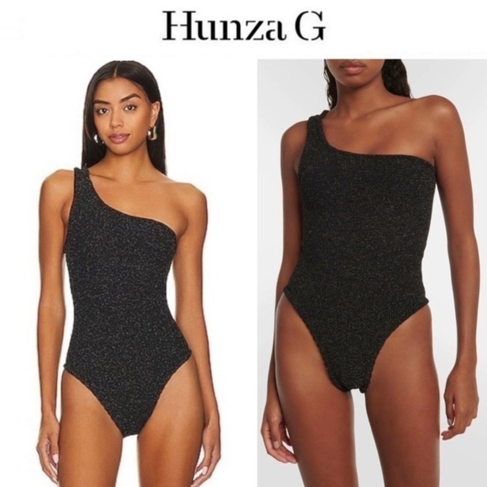 Hunza G Nancy Metallic One-Shoulder One-Piece Swimsuit Glittering Black OS NWT